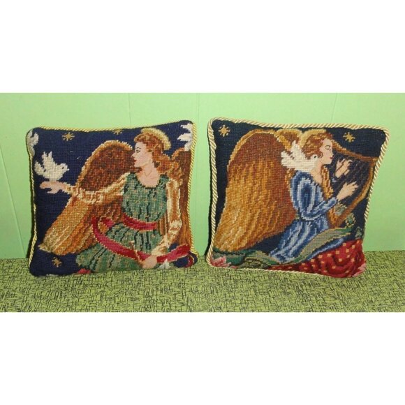 Vintage Needlepoint Christmas Pillow Lot Angels dove angel holiday decorative - Picture 6 of 12